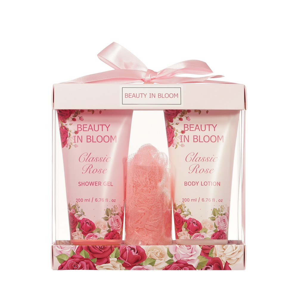 Женский подарочный набор Beauty In Bloom Classic Rose ( гель для душа 200мл + лосьон для тела 200мл + мочалка для тела ). Фото 1.