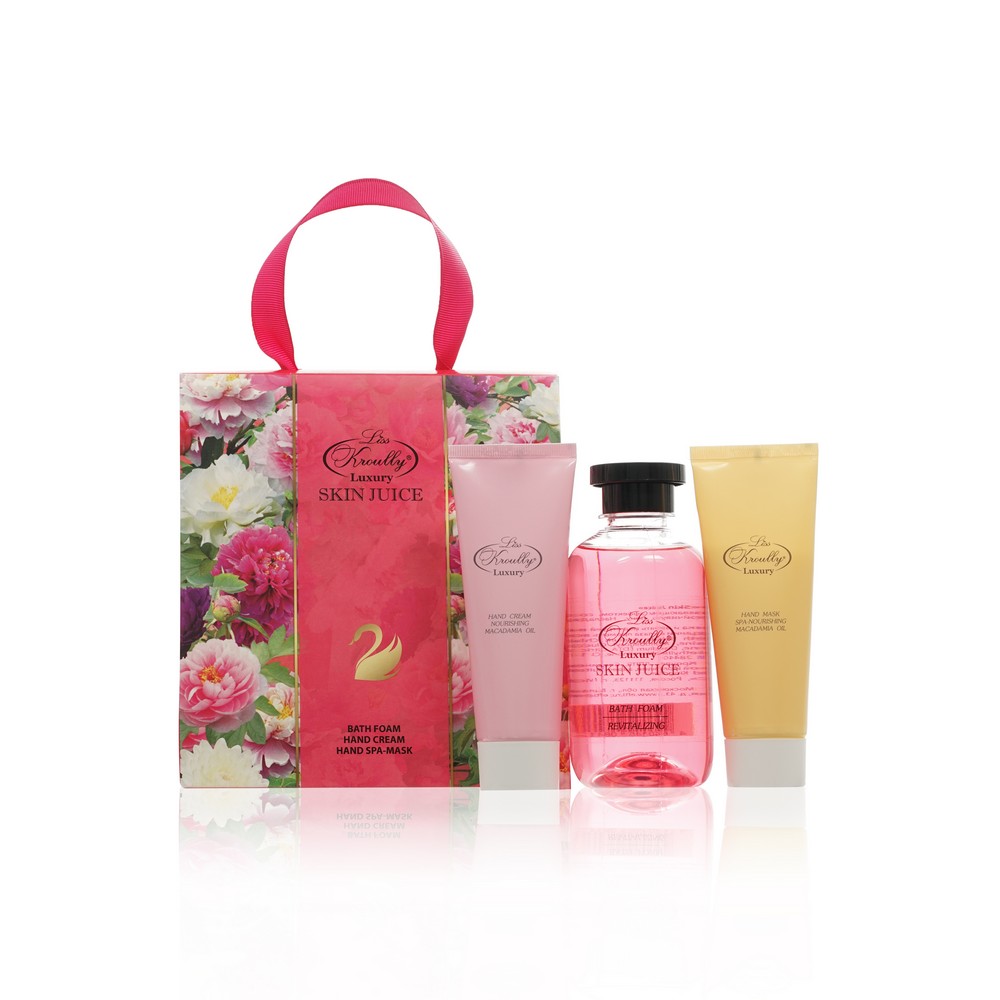 Женский Подарочный набор Liss Kroully Skin Juice в сумочке ( пена для ванны + SPA - маска для рук + крем для рук ). Фото 1.