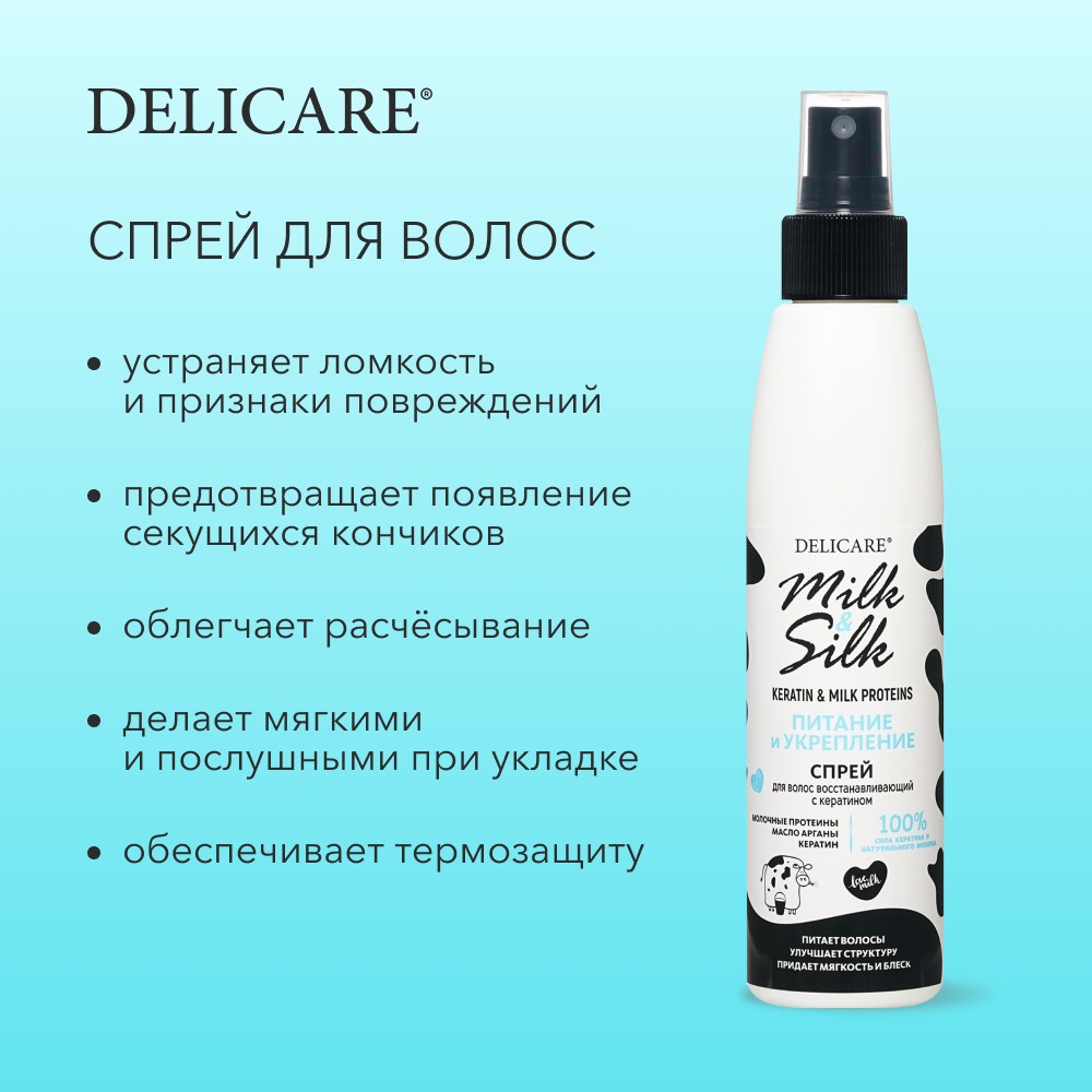 Кератиновый спрей для волос Delicare Milk & Silk " питание и укрепление " 200мл. Фото 6.