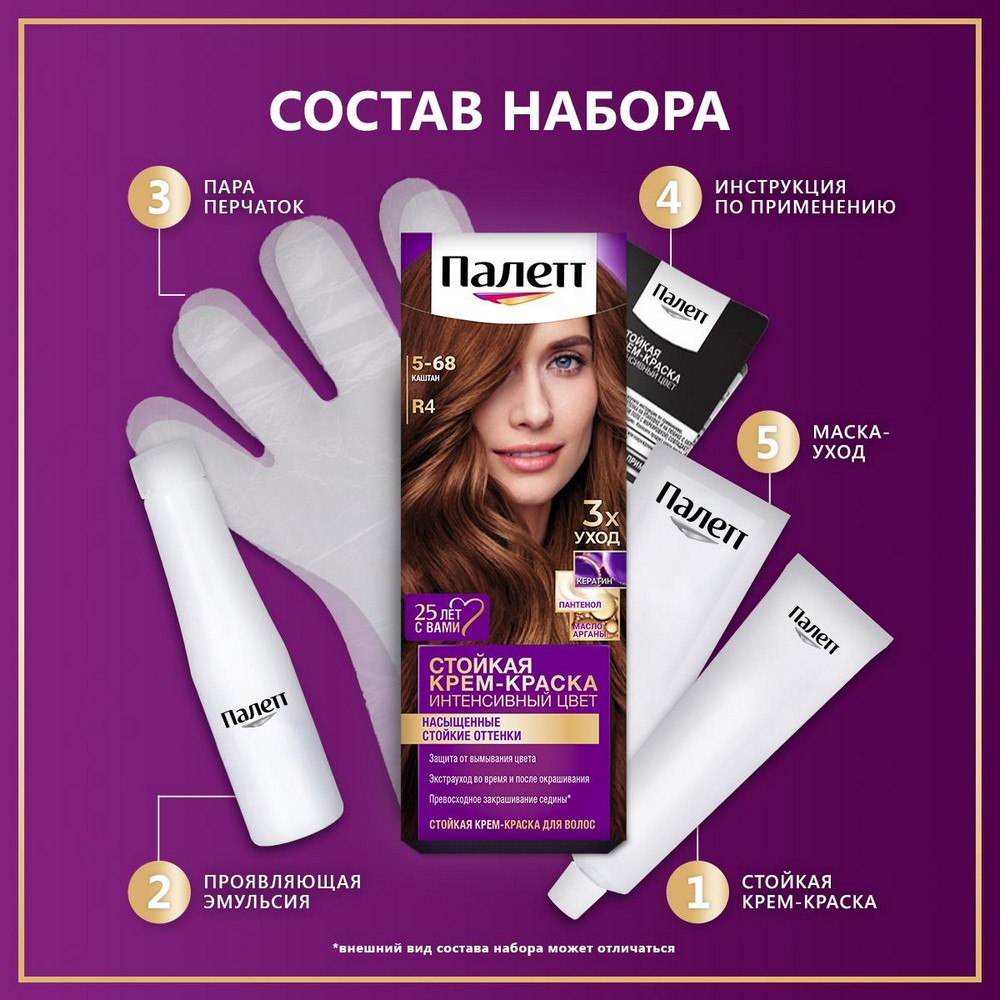 Стойкая крем - краска для волос Палетт Интенсивный цвет NR4 Каштан 50мл. Фото 7.