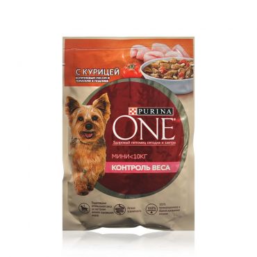 Влажный корм для собак Purina One Мини <10кг " Контроль веса " с курицей, коричневым рисом и томатами в подливе 85г.