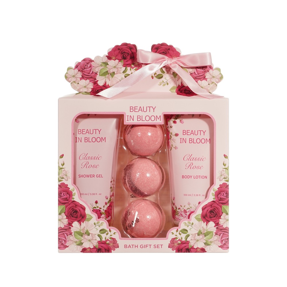 Женский подарочный набор Beauty In Bloom Classic Rose ( гель для душа 100мл + лосьон для тела 100мл + Физзер для ванны 3шт ). Фото 1.