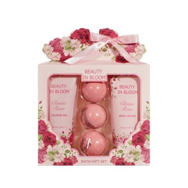 Женский подарочный набор Beauty In Bloom Classic Rose ( гель для душа 100мл + лосьон для тела 100мл + Физзер для ванны 3шт ).