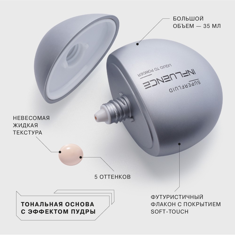 Тональная основа с эффектом пудры Influence Beauty Superfluid 02 Light 35мл. Фото 4.