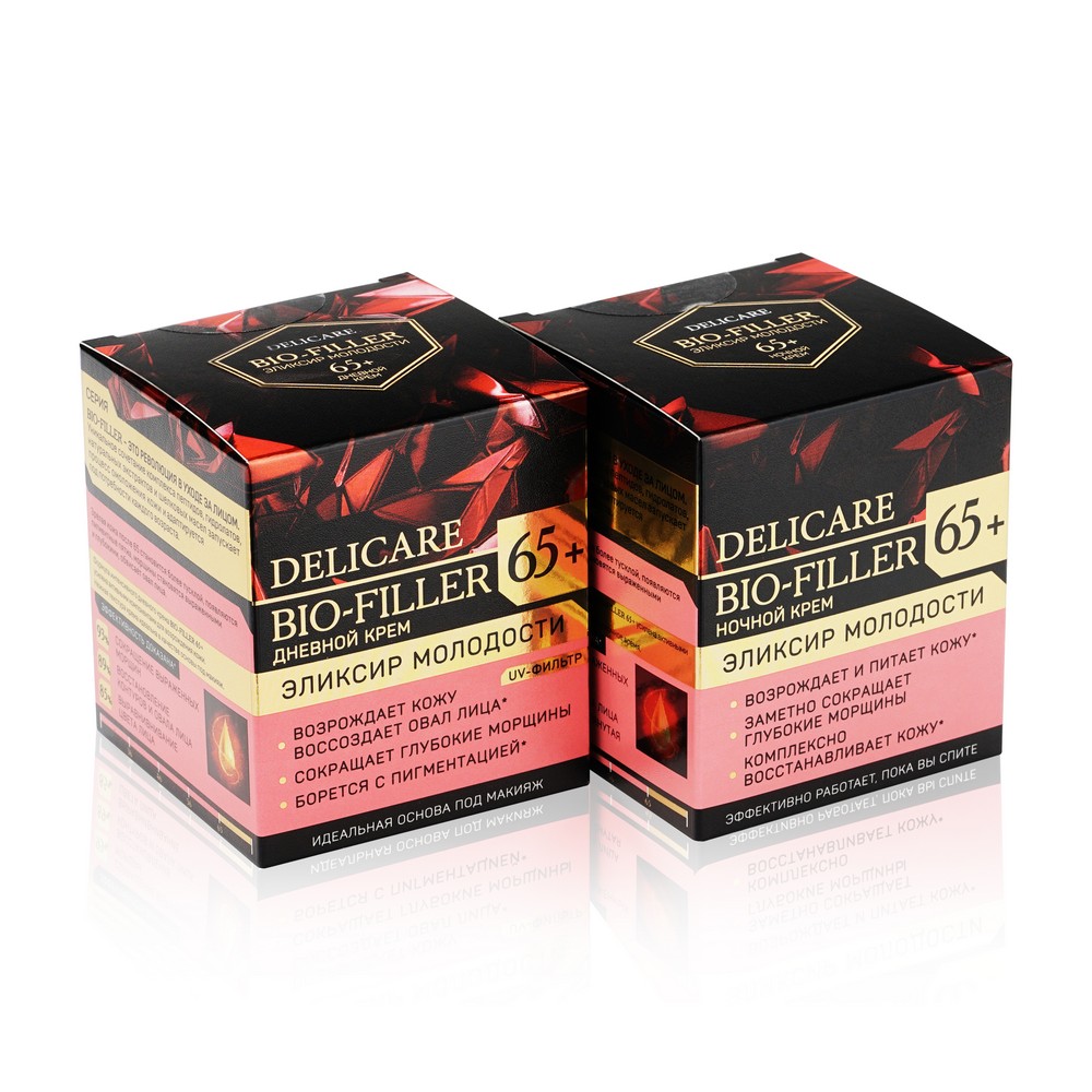 Женский Подарочный набор Delicare Bio-Filler ( дневной крем для лица " Эликсир Молодости " 65+ , 50мл + ночной крем для лица " Эликсир Молодости " 65+ , 50мл ). Фото 2.