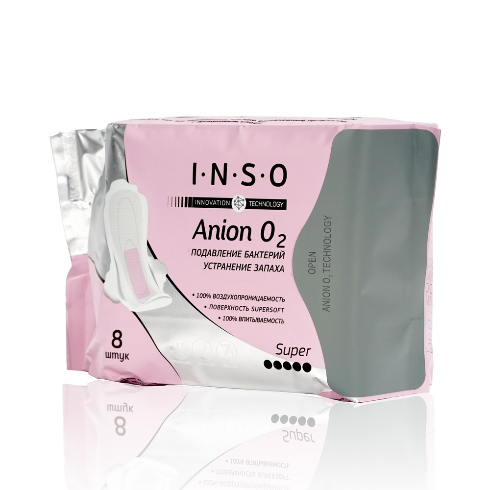 Женские прокладки INSO Anion O2 Super с аниноновым слоем 8шт. Фото 1.