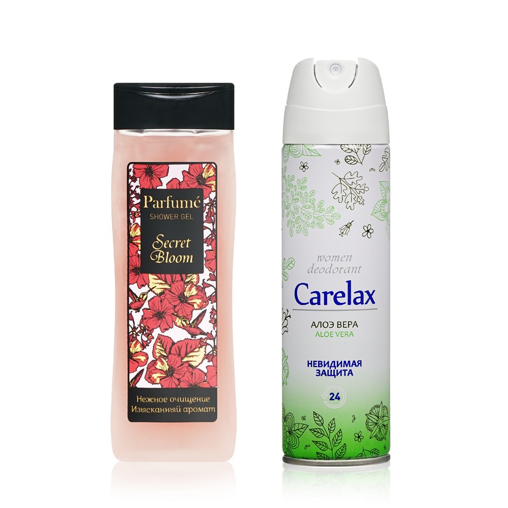 Женский подарочный набор ( гель для душа Sensicare " Secret Bloom " 250мл + дезодорант Carelax " Aloe Vera " 150мл ). Фото 2.