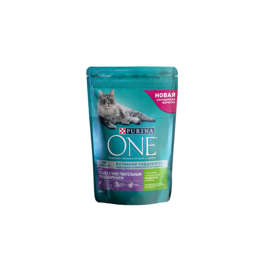 Сухой корм для кошек с чувствительным пищеварением Purina One с индейкой и  рисом 200г – купить в интернет-магазине Улыбка радуги