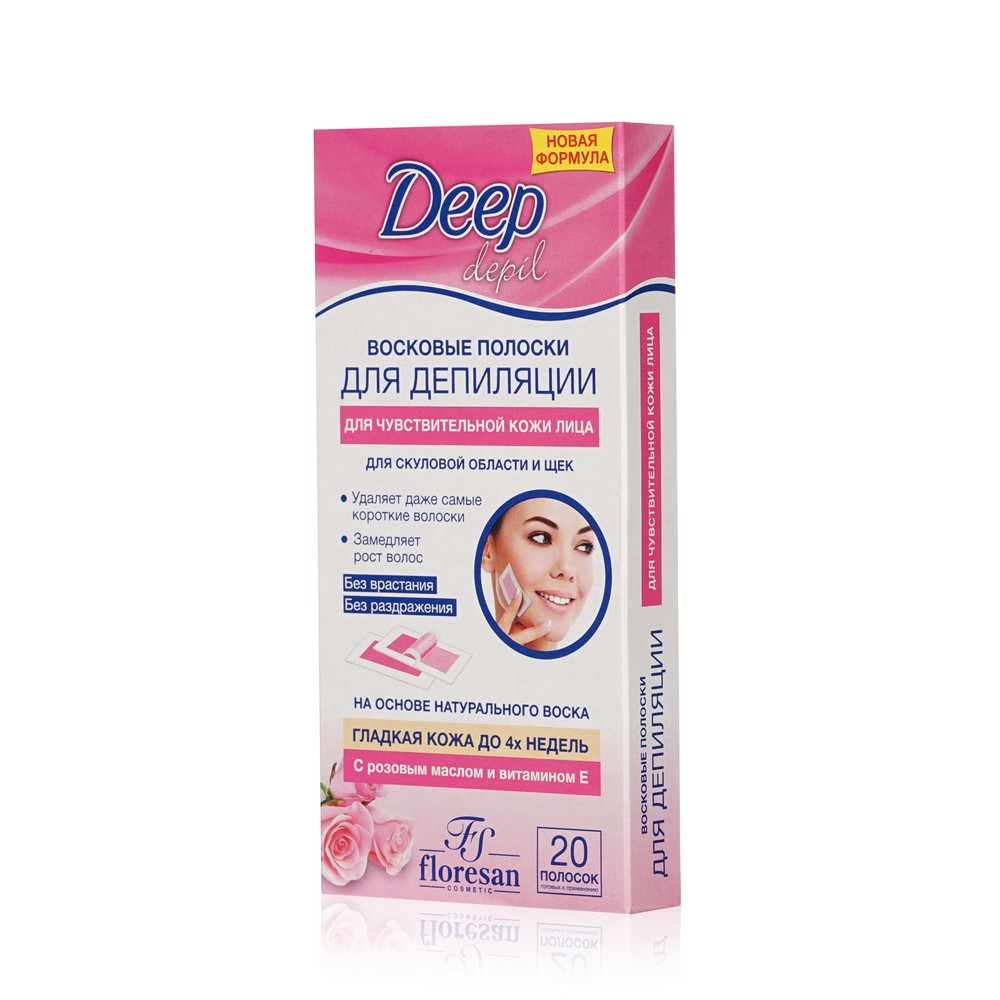 Восковые полоски для депиляции Floresan Gel Depil для скуловой области и щек с розовым маслом и витамином Е 20шт. Фото 2.