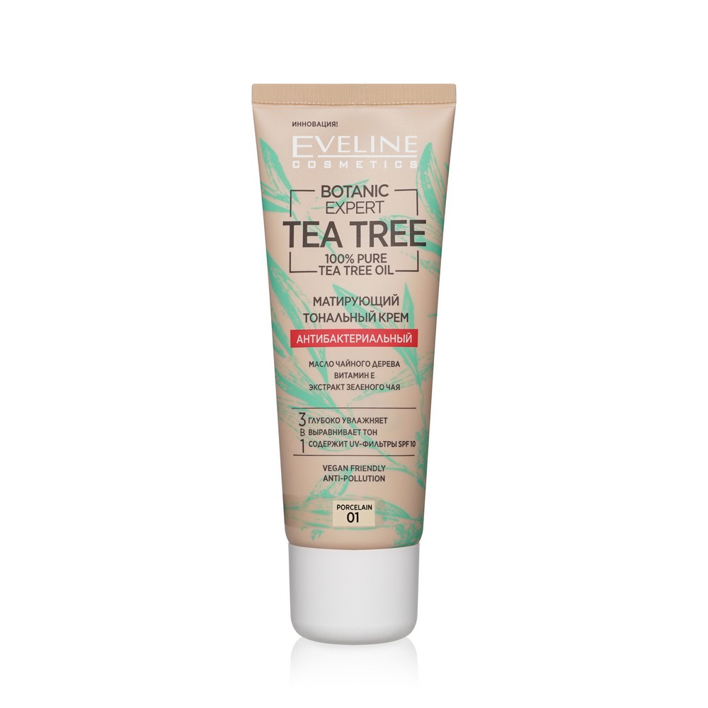 Тональный крем для лица Eveline Tea tree антибактериальный матирующий 01 Porcelain 30мл. Фото 1.