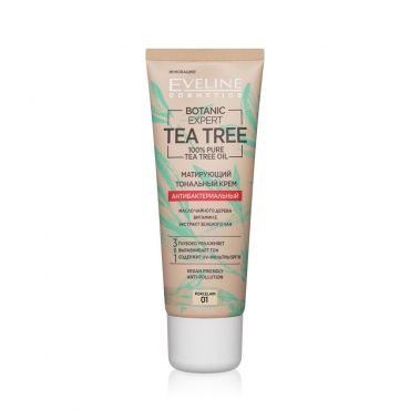 Тональный крем для лица Eveline Tea tree антибактериальный матирующий 01 Porcelain 30мл.