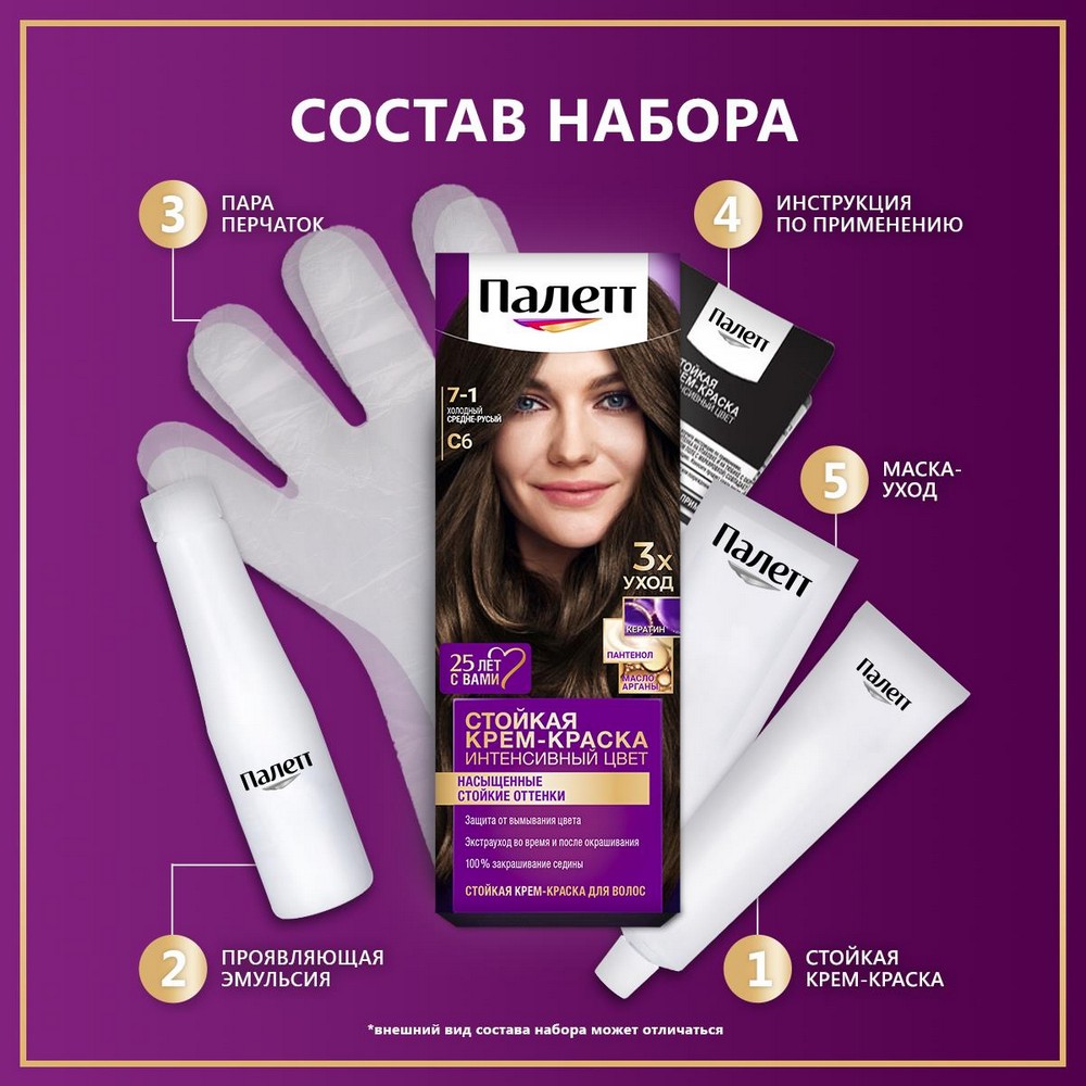 Стойкая крем - краска для волос Палетт Интенсивный цвет C6 Холодный средне-русый 50мл. Фото 7.