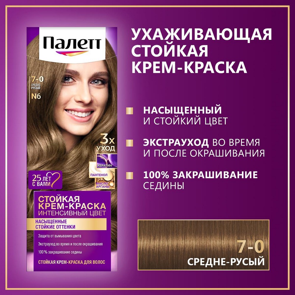 Стойкая крем - краска для волос Палетт Интенсивный цвет N6 Средне-русый 50мл. Фото 11.