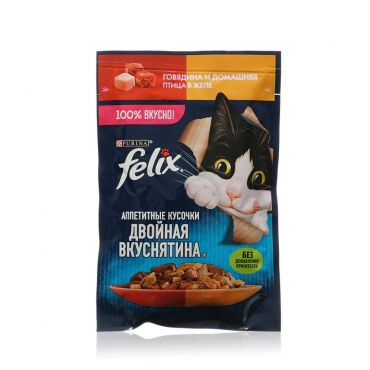 Влажный корм для кошек Felix Двойная вкуснятина " Говядина и домашняя птица в желе " 75г.