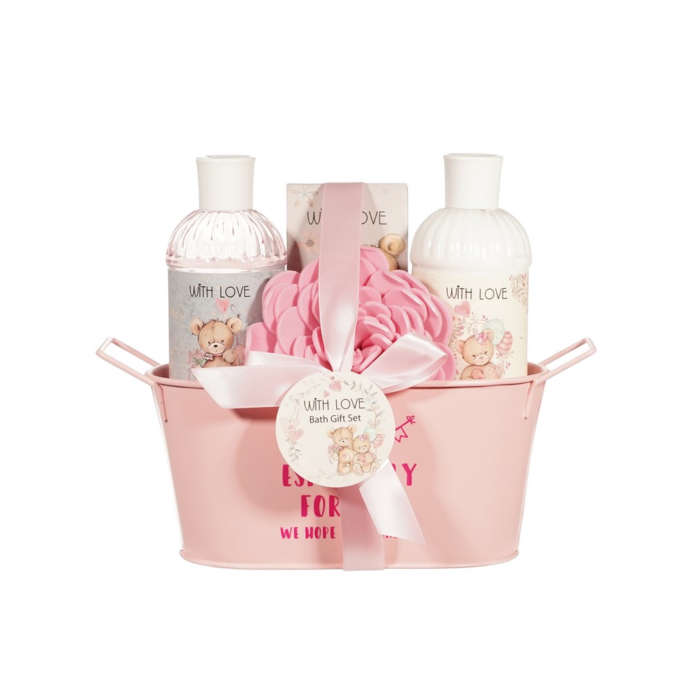 Женский подарочный набор With love ( гель для душа 270мл + лосьон для тела 270мл + соль для ванны 100г + мочалка для тела ) в ассортименте. Фото 1.