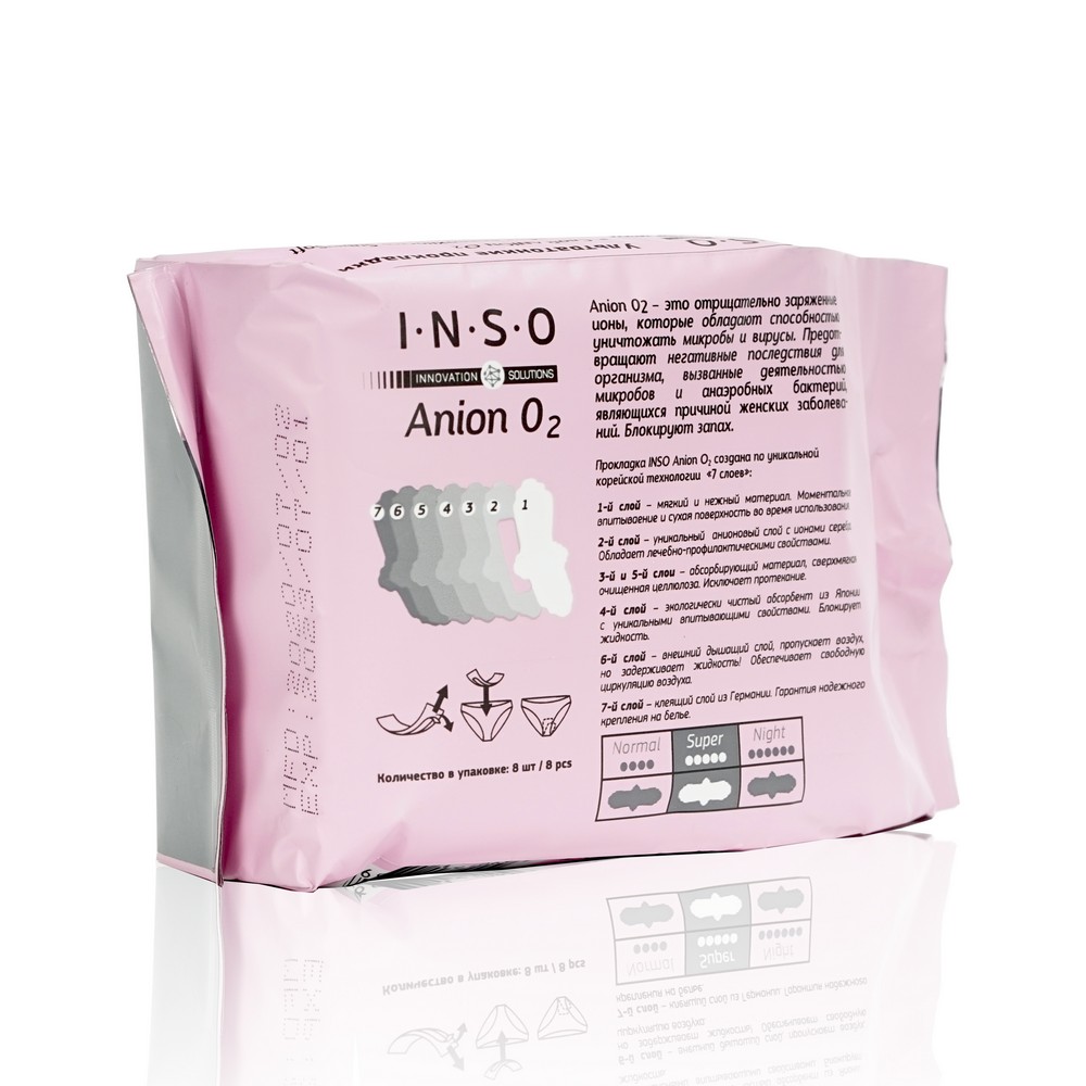 Женские прокладки INSO Anion O2 Super с аниноновым слоем 8шт. Фото 2.