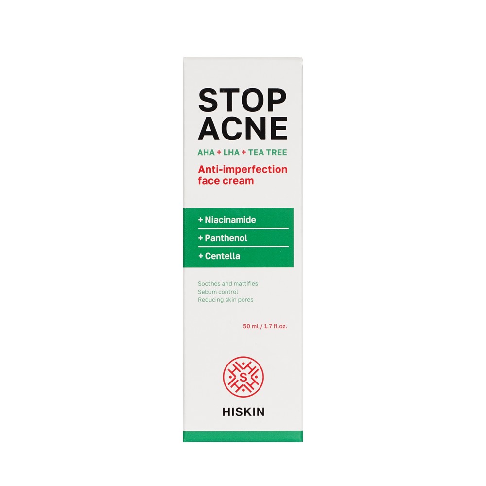 Крем для лица против несовершенств Hiskin Stop Acne AHA + BHA + Tea tree 50мл. Фото 1.