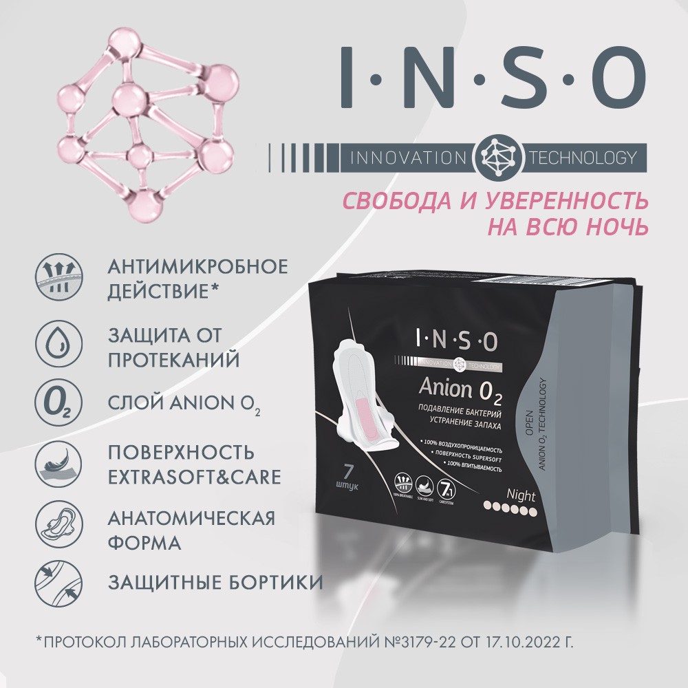 Женские прокладки INSO Anion O2 Night с анионовым слоем 7шт Вид№5