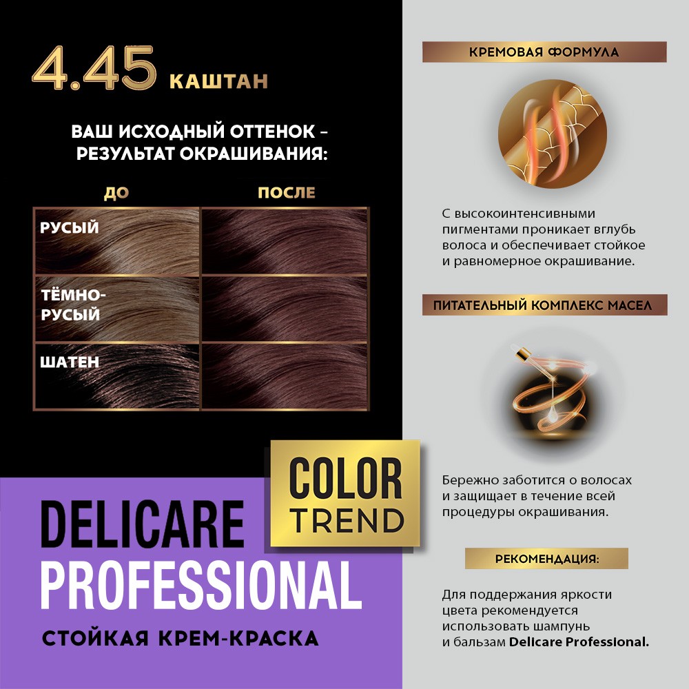 Стойкая крем - краска для волос Delicare Professional Color Trend 4.45 Каштан. Фото 9.