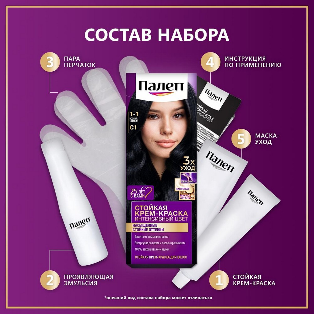 Стойкая крем - краска для волос Палетт Интенсивный цвет С1 Иссиня-черный 50мл. Фото 7.