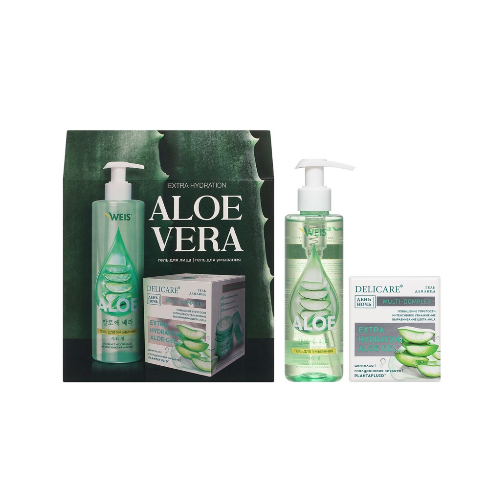 Женский подарочный набор Aloe Vera ( гель для умывания WEIS Aloe 190мл + увлажняющий гиалуроновый гель для лица Delicare 50мл ). Фото 1.