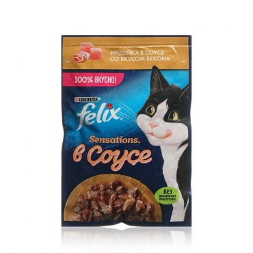 Влажный корм для кошек Felix Sensations " Индейка в соусе со вкусом бекона " 75г.