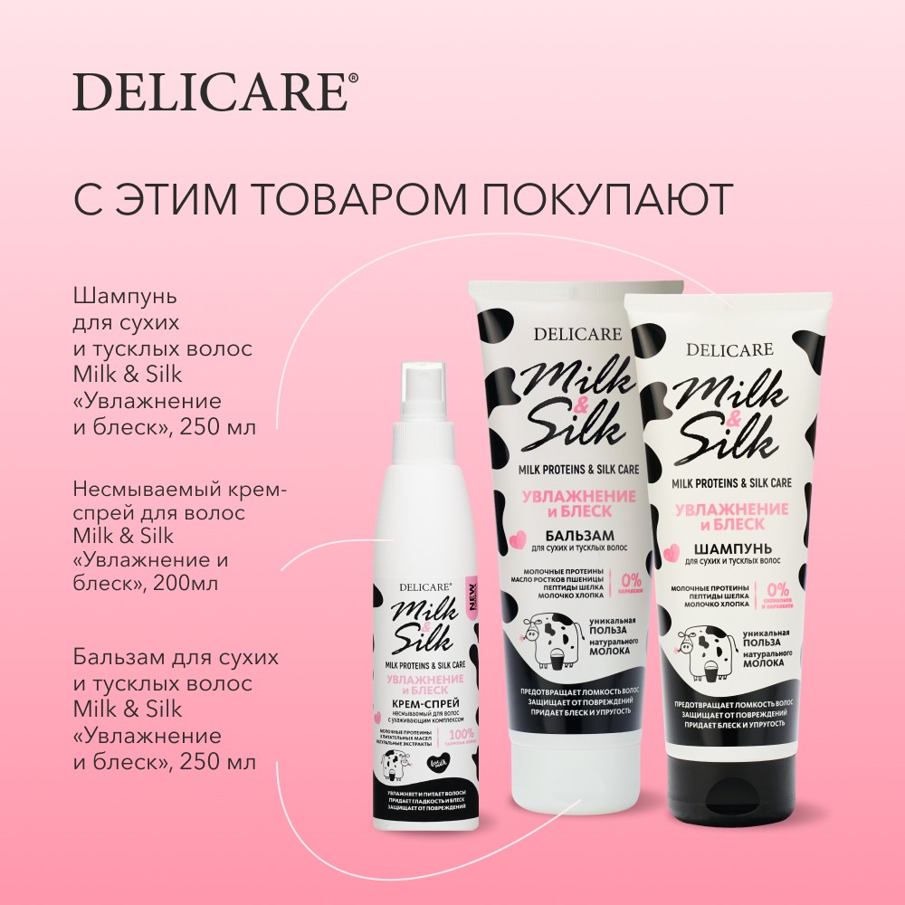 Маска для сухих и тусклых волос Delicare Milk & Silk " увлажнение и блеск " 500мл. Фото 10.