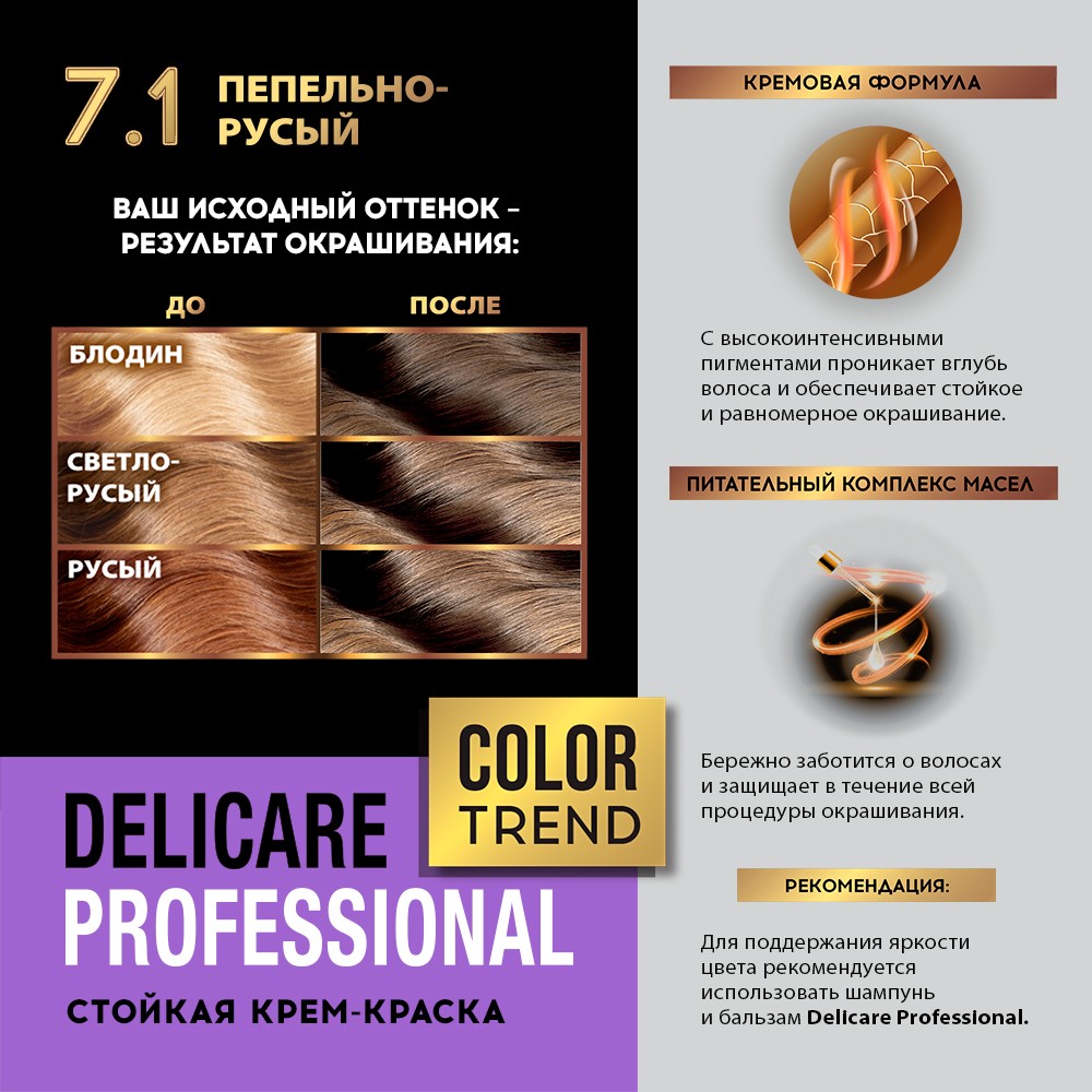 Стойкая крем - краска для волос Delicare Professional Color Trend 7.1 Пепельно-русый Вид№10