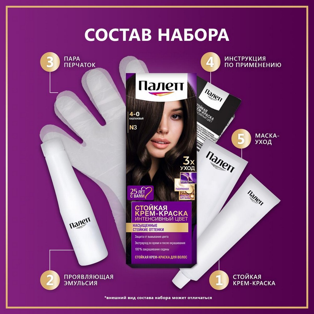 Стойкая крем - краска для волос Палетт Интенсивный цвет N3 Каштановый 50мл. Фото 7.