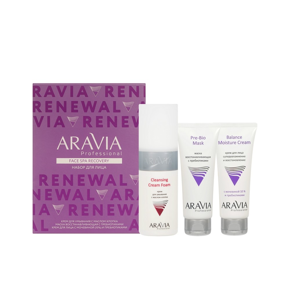 Женский набор для ухода за кожей лица Aravia Professional Face Spa Recovery ( крем для умывания с маслом хлопка 150мл + маска восстанавливающая с пребиотиками 50мл + крем для лица с мочевиной 10% и пребиотиками 50мл ). Фото 1.