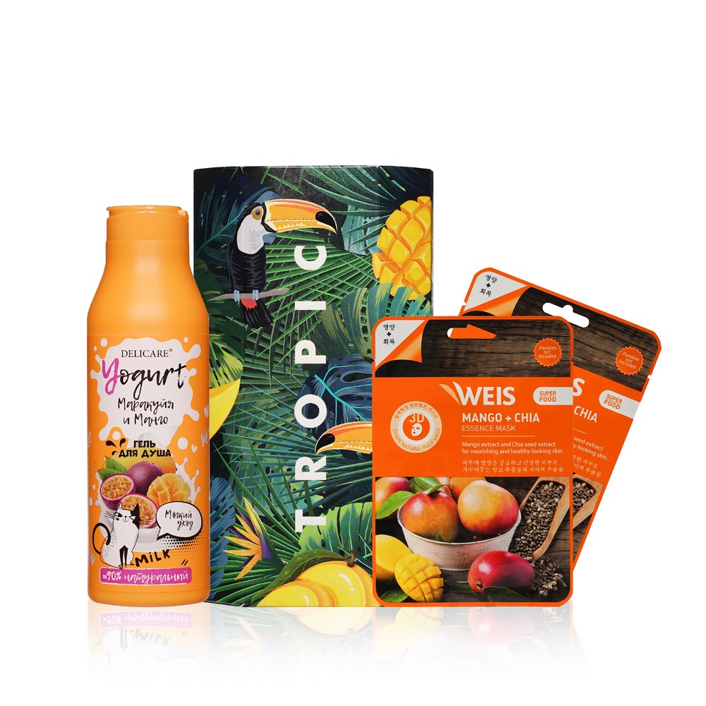 Женский подарочный набор Tropic ( гель для душа Delicare Yougurt " маракуйя и манго " 400мл + маска для лица WEIS с манго и семенами чиа 23г*2шт ). Фото 1.