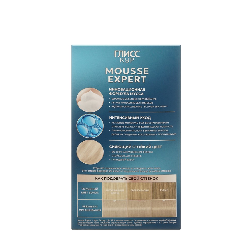 Стойкая краска - мусс для волос Глисс Кур Mousse Expert 9-10 Жемчужный Блонд 85мл. Фото 4.