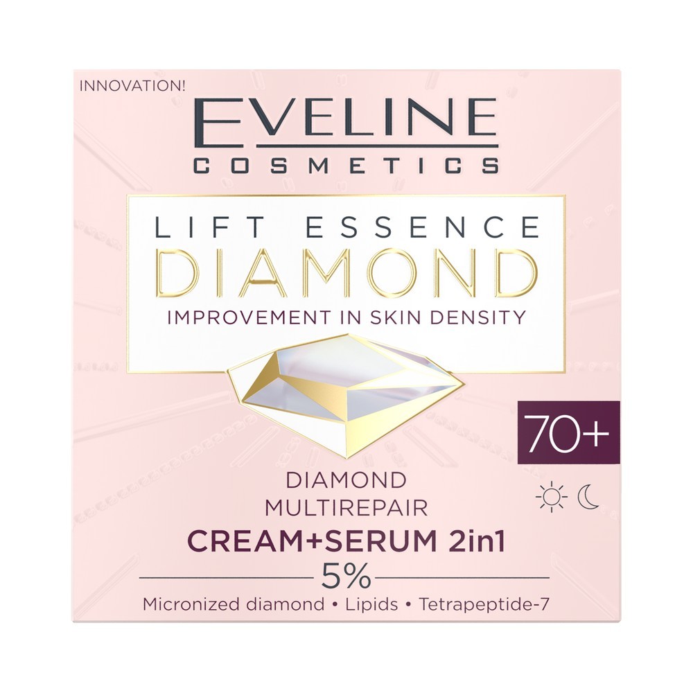 Бриллиантовый мультивосстанавливающий крем - сыворотка для лица 2 в 1 Eveline Lift Essence Diamond 70+ 50мл. Фото 5.