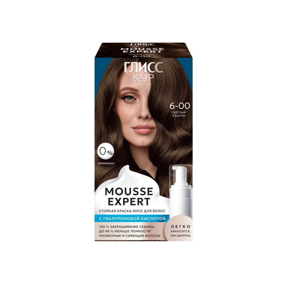 Стойкая краска - мусс для волос Глисс Кур Mousse Expert 6-00 Светлый каштан 85мл. Фото 1.