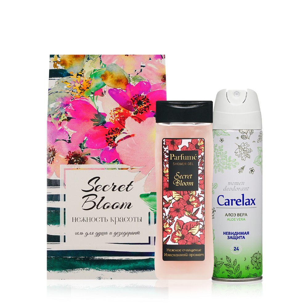 Женский подарочный набор ( гель для душа Sensicare " Secret Bloom " 250мл + дезодорант Carelax " Aloe Vera " 150мл ). Фото 1.