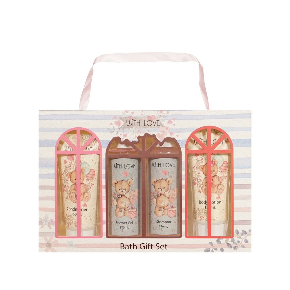 Женский подарочный набор With love ( гель для душа 170мл + шампунь для волос 170мл + кондиционер для волос 150мл + лосьон для тела 150мл ) в ассортименте. Фото 1.