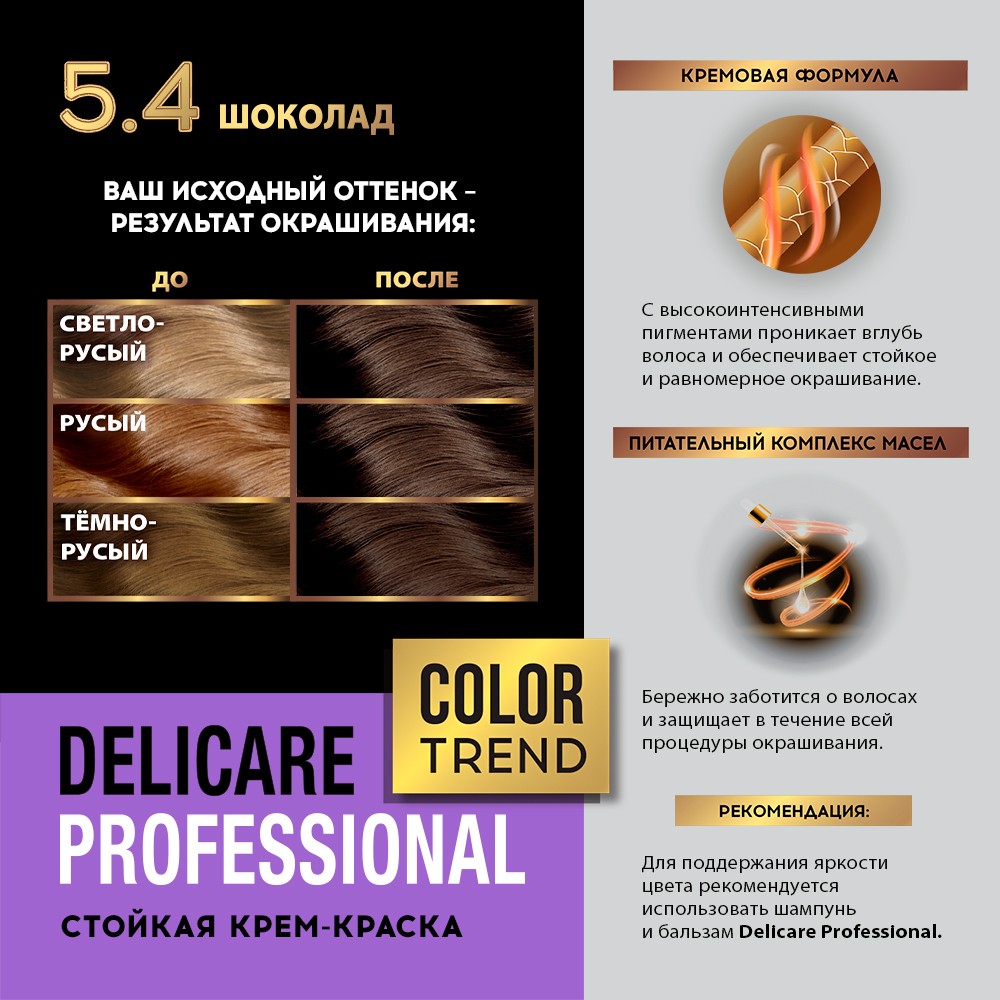 Стойкая крем - краска для волос Delicare Professional Color Trend 5.4 Шоколад. Фото 9.