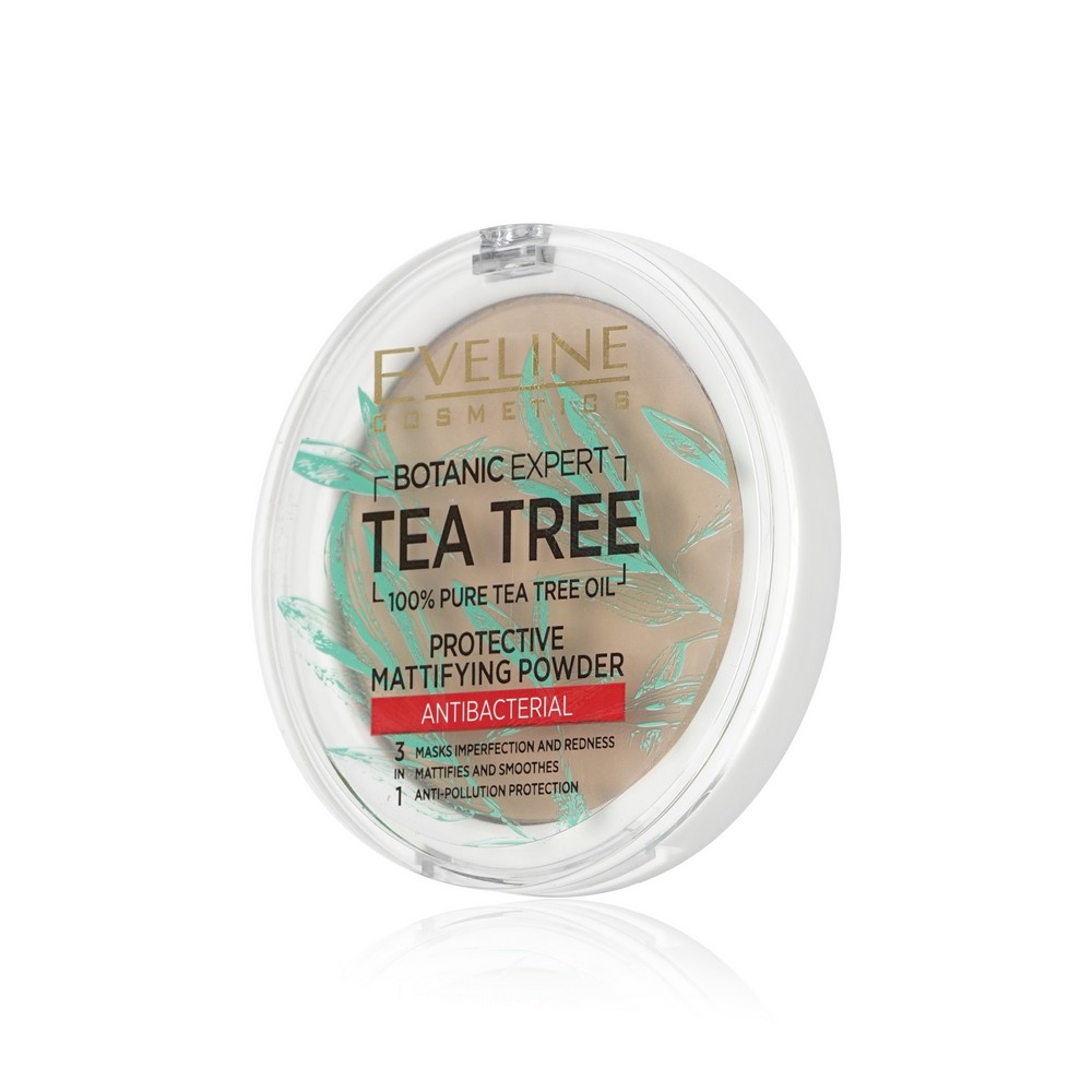 Пудра для лица Eveline Tea tree антибактериальная матирующая 003 Light beige 9г. Фото 3.