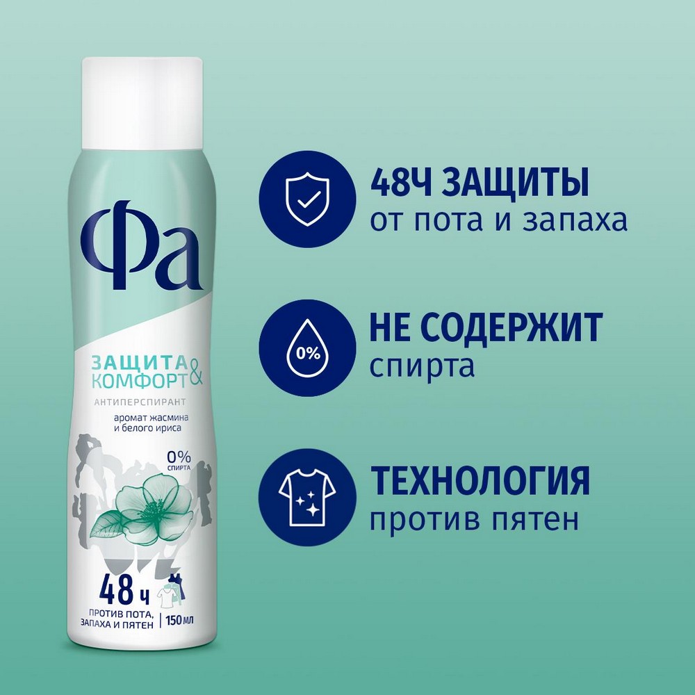 Женский дезодорант - антиперспирант Фа Защита & Комфорт Жасмин и белый рис 150мл. Фото 4.