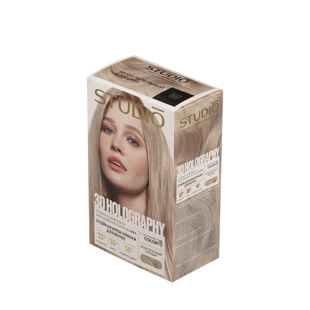 Стойкая крем - краска для волос STUDIO 3D Holography 90.105 Пепельный блондин. Фото 2.