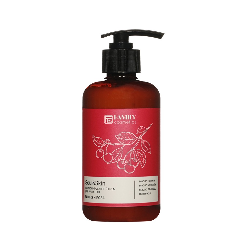 Парфюмированный крем для рук и тела Family Cosmetics Soul&Skin вишня и роза 285мл. Фото 1.