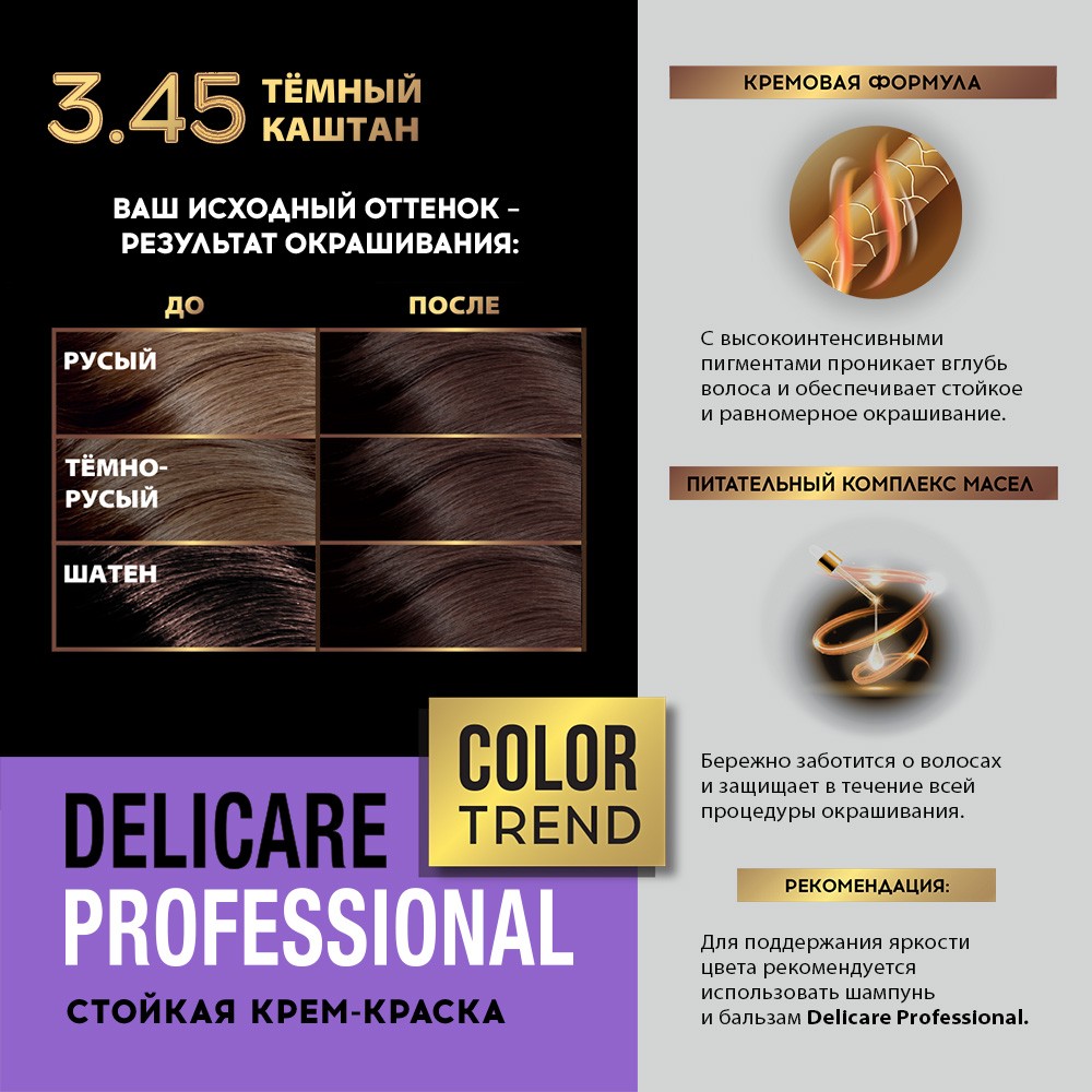 Стойкая крем - краска для волос Delicare Professional Color Trend 3.45 Темный каштан. Фото 9.