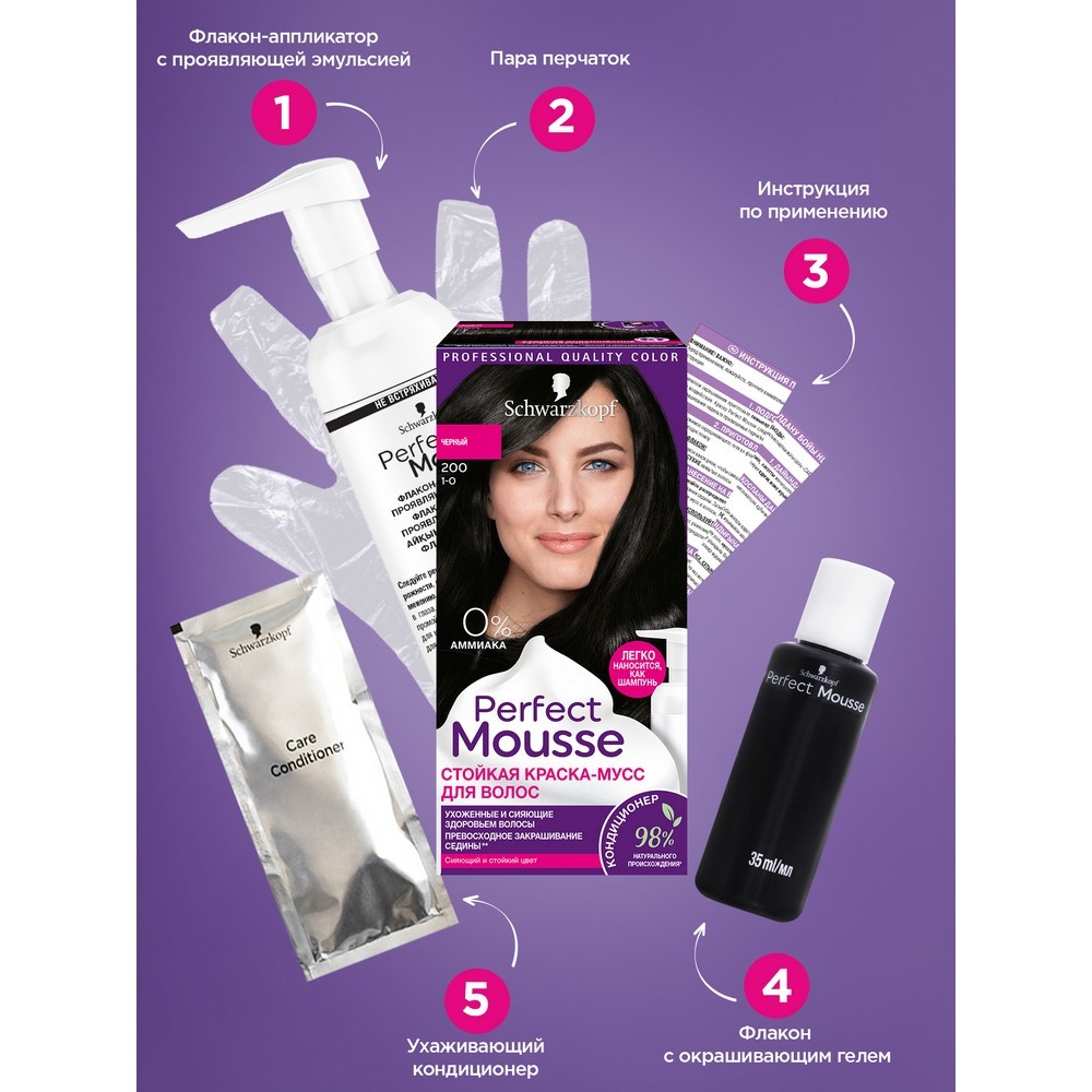 Краска - мусс Schwarzkopf PERFECT MOUSSE стойкая для волос 200 Черный. Фото 7.