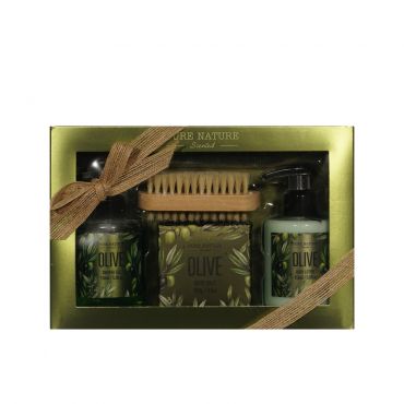 Женский подарочный набор Pure Nature Olive ( гель для душа 150мл + лосьон для тела 100г + соль для ванны 100г + щетка для тела ).