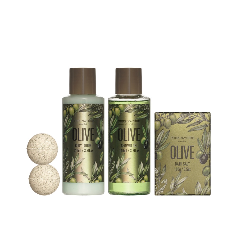Женский подарочный набор Pure Nature Olive ( гель для душа 110мл + лосьон для тела 110мл + соль для ванны 100г + физзер 2шт ). Фото 5.