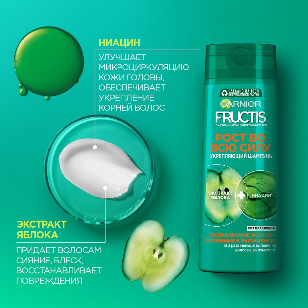 Укрепляющий шампунь Garnier Fructis Рост во всю силу для ослабленных волос , склонных к выпадению 400мл. Фото 9.