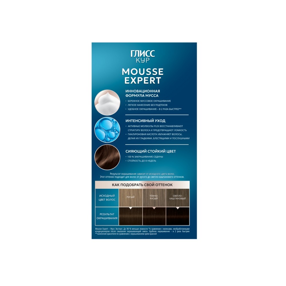 Стойкая краска - мусс для волос Глисс Кур Mousse Expert 6-00 Светлый каштан 85мл. Фото 2.