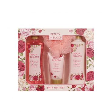 Женский подарочный набор Beauty In Bloom Classic Rose ( гель для душа 200мл + лосьон для тела 200мл + крем для рук 50мл + мочалка для тела ).