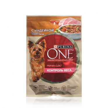 Влажный корм для собак Purina One Мини <10кг " Контроль веса " с индейкой, морковью и горохом в подливе 85г.