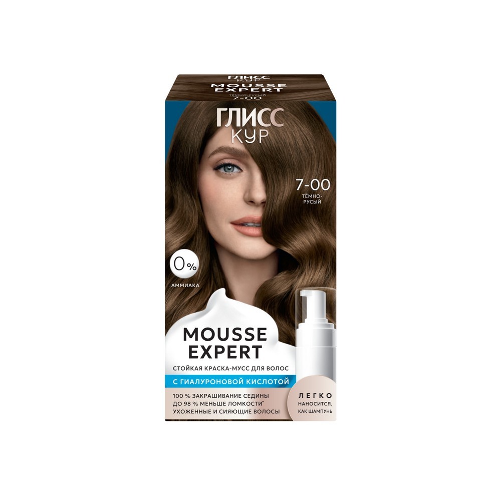 Стойкая краска - мусс для волос Глисс Кур Mousse Expert 7-00 Темно-русый 85мл. Фото 1.